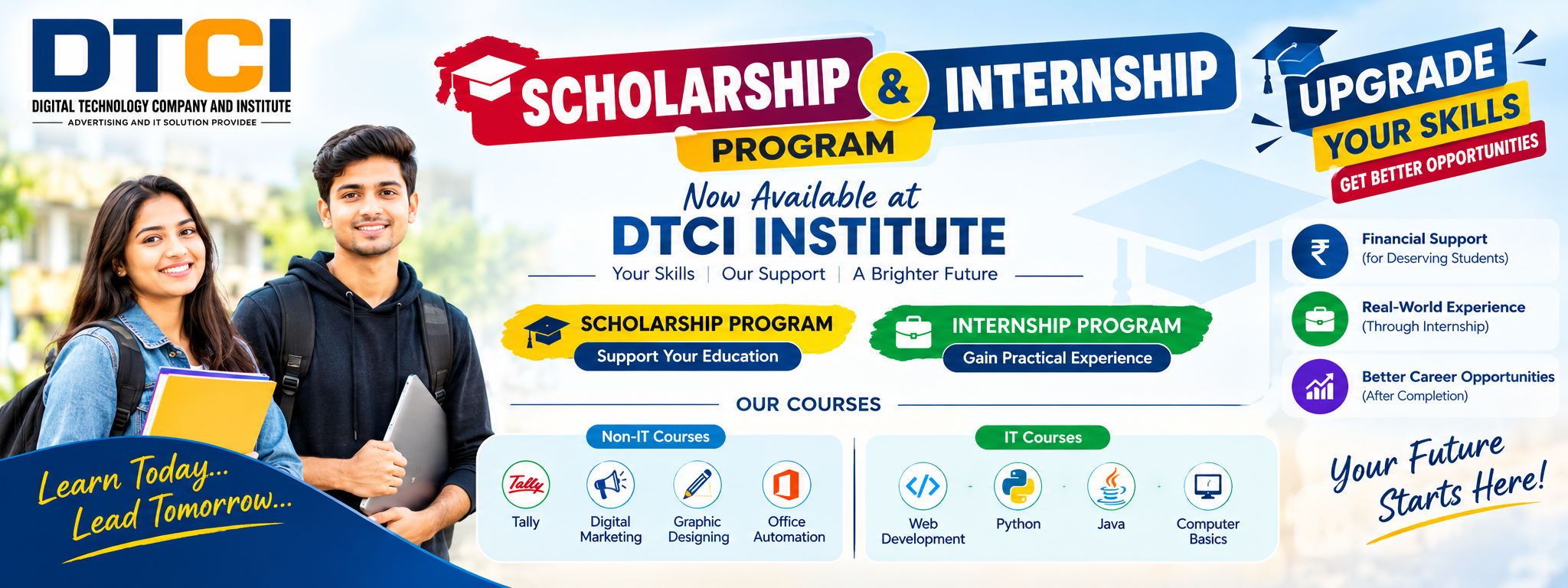 DTCI scholarship and internship program banner featuring courses, student support and career opportunities
